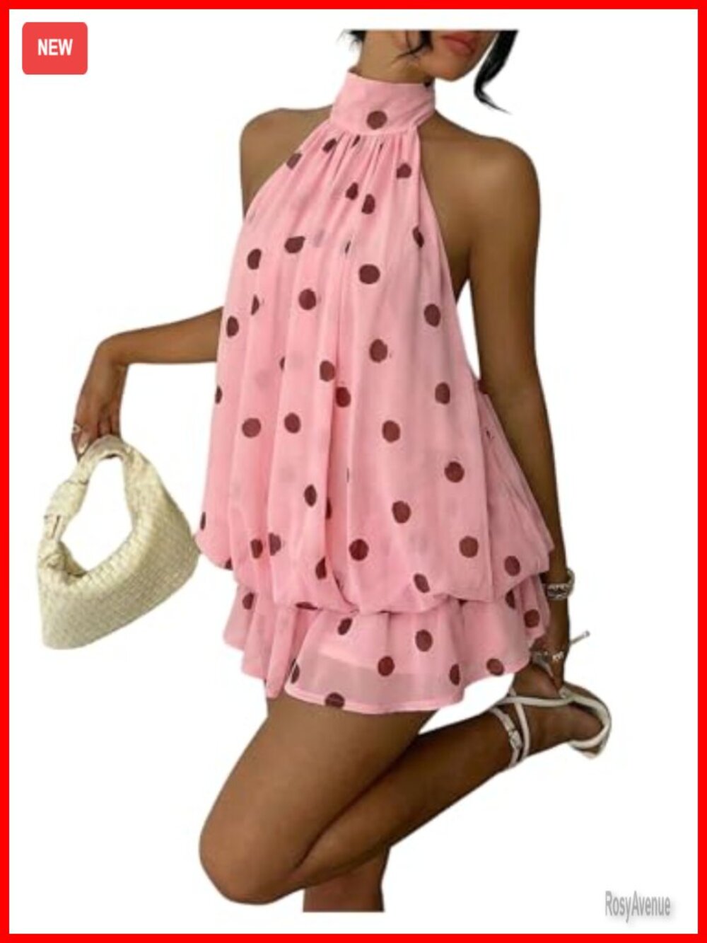 Women Polka Dots Halter Mini Dress Sleeveless Chiffon Party Club